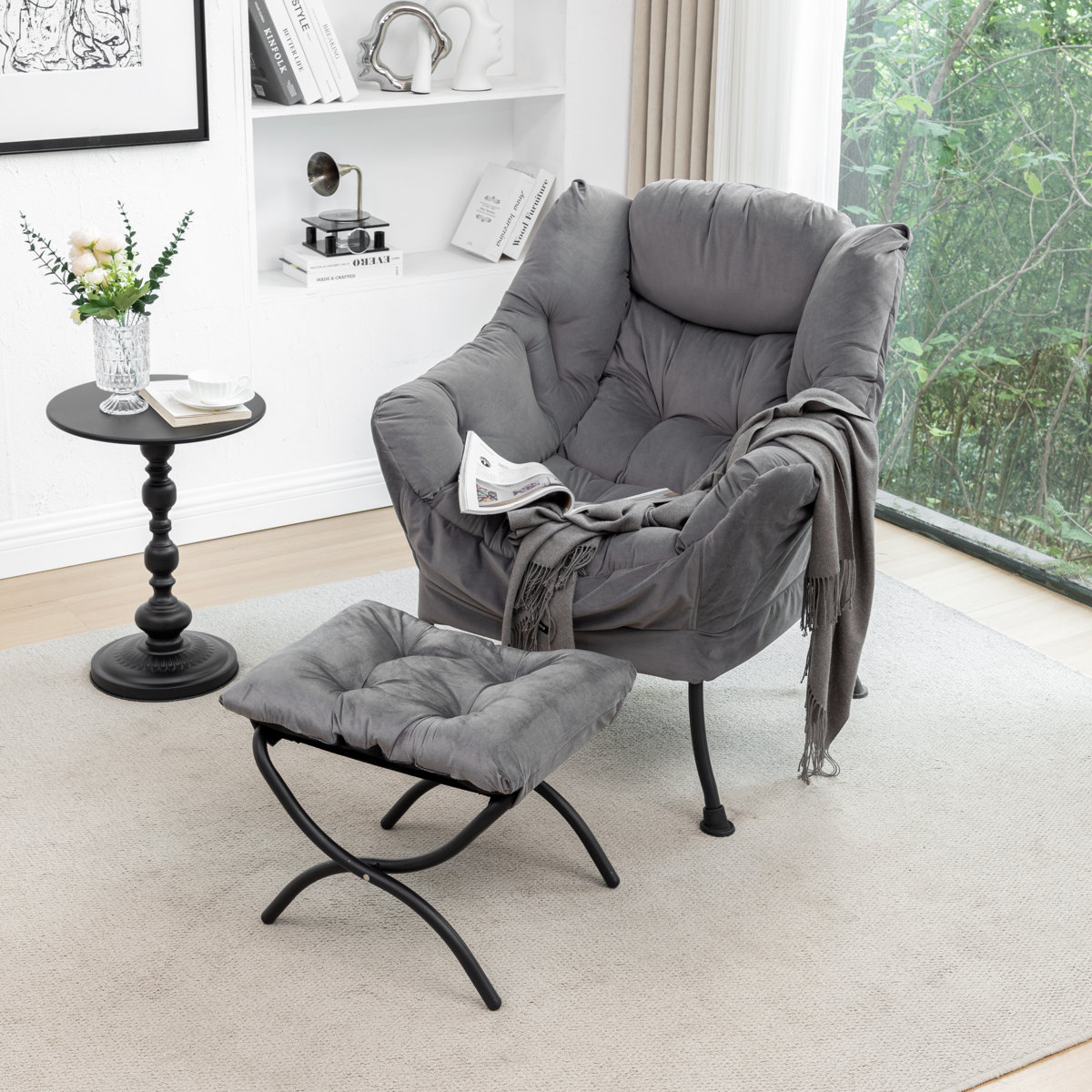Upholstered Lazy Chair with Ottoman,Modern Comfy Lounge Sofa Chair with Armrest and a Side Pocket